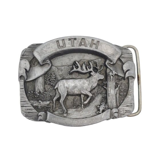 Pewter Utah Elk Deer Nature Belt Buckle‎ 3" USA C+J Enterprises Hunter Outdoors - Picture 1 of 5